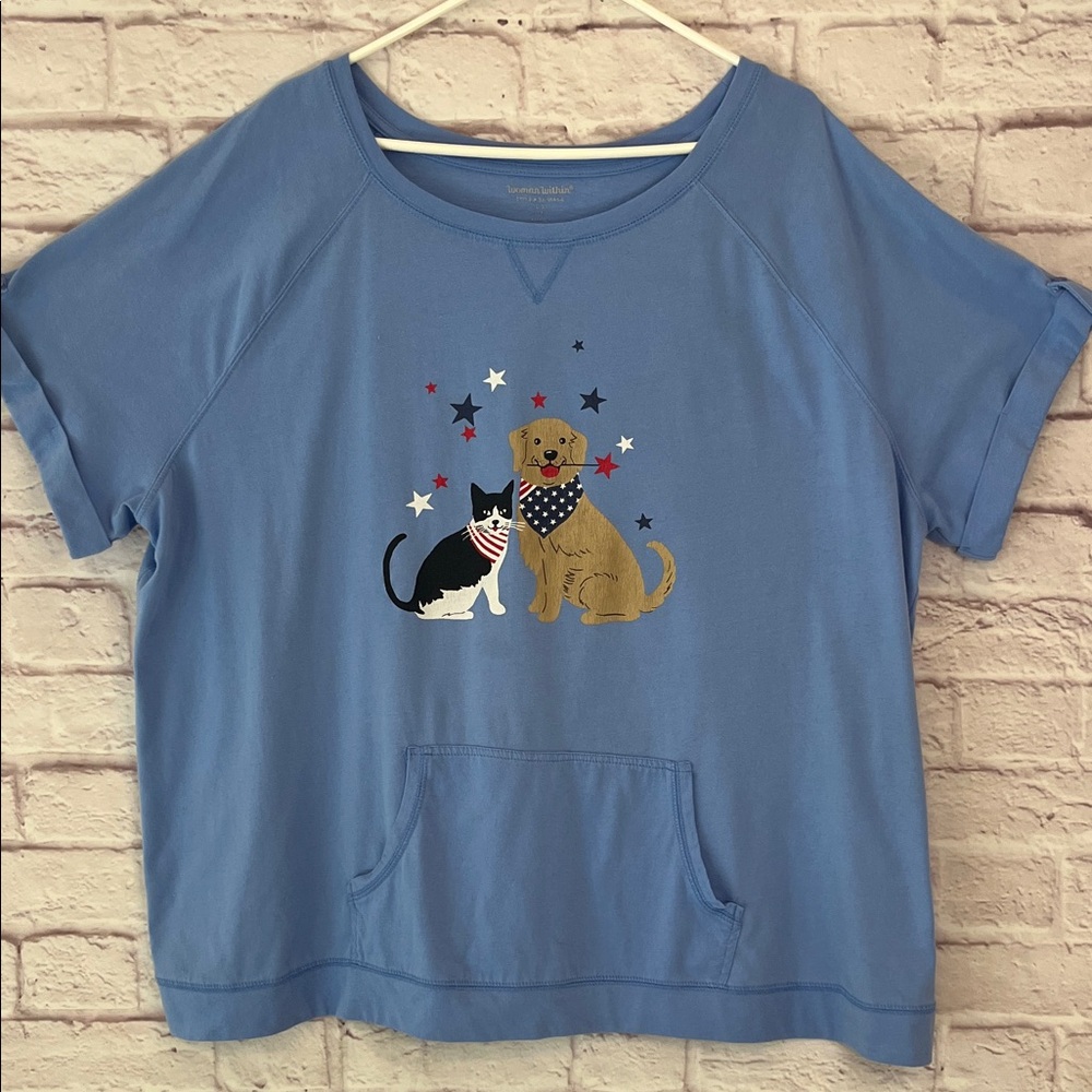 Woman Within Blue Short Sleeve Patriotic Tee with Dog and Cat Design
